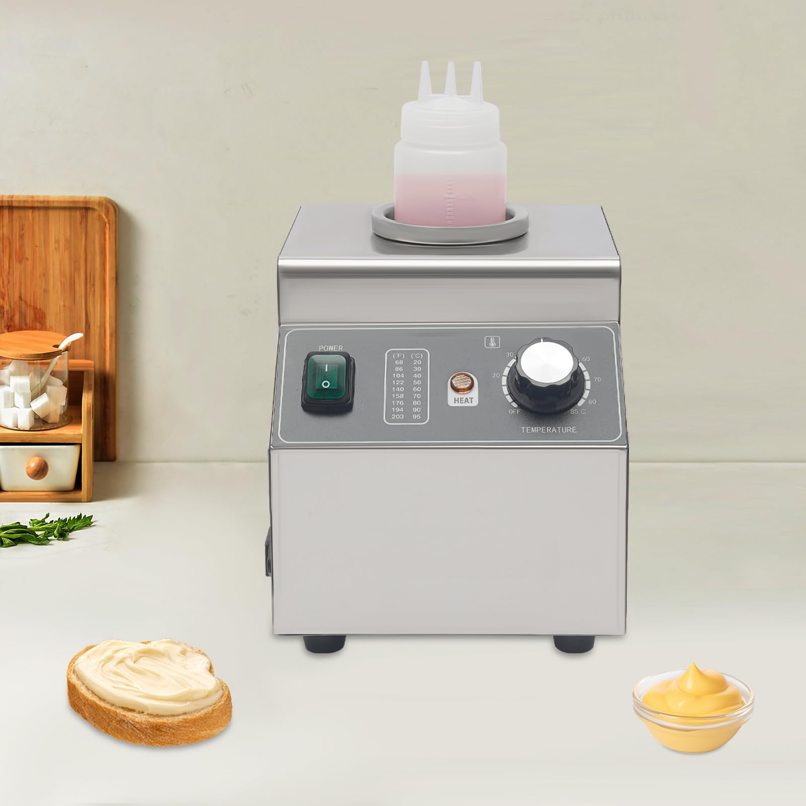 Chauffe-sauce électrique 100W en acier inoxydable, chauffe-fromage pour sauces, fromage, chocolat, chauffe-sauce avec bouteille de 680 ml à pression, réglable de 30°C à 85°C
