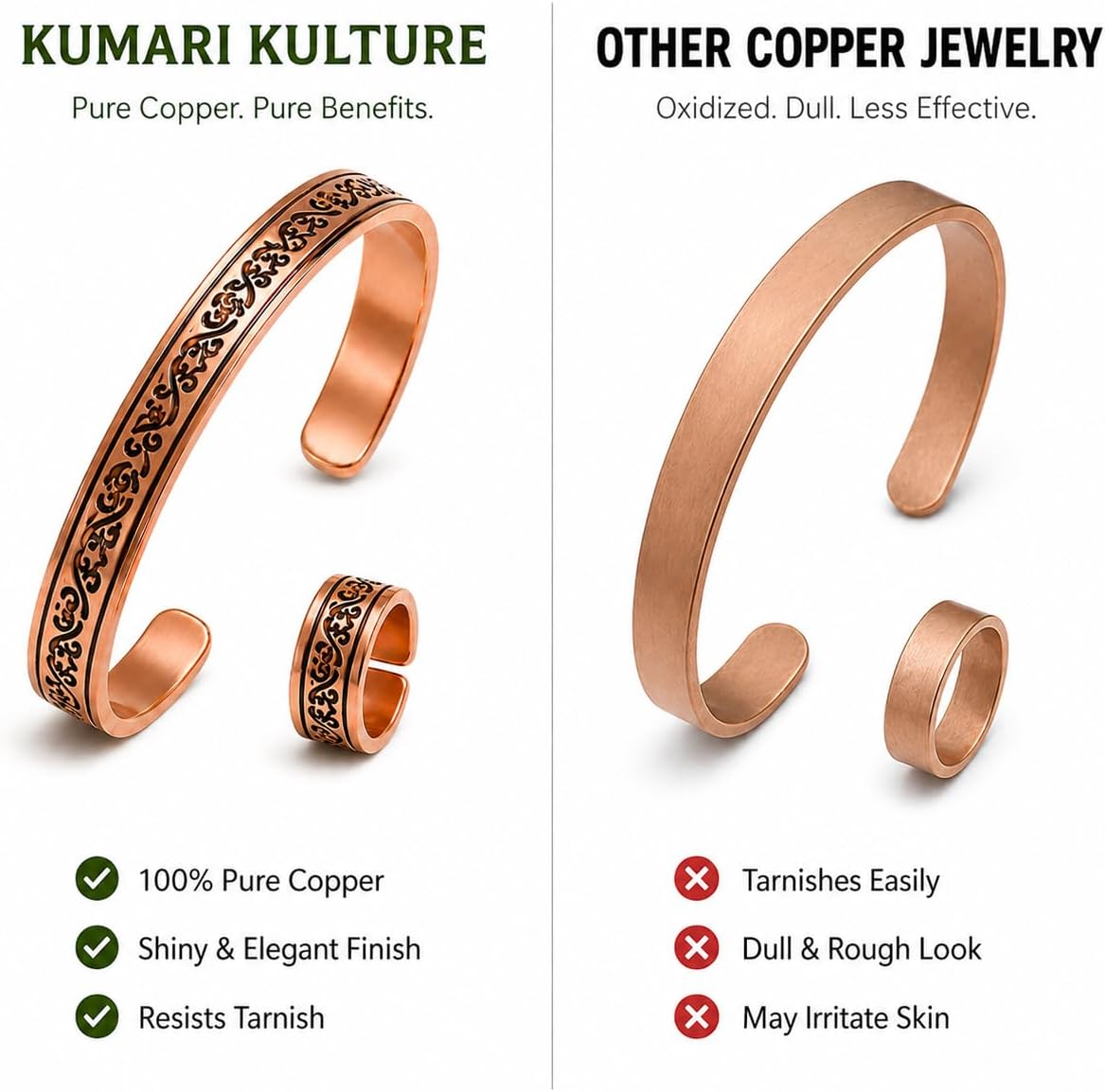 Pure Copper Bracelet and Ring Set – Tribal Ethnic Engraved Design | Handcrafted Solid Copper Cuff for Women Men | Holistic Yoga Meditation Jewelry | Adjustable with Cleaning Kit & Pouch