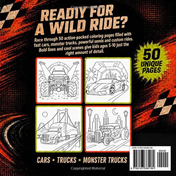 Wild Rides: 50 Cool Coloring Pages Featuring Race Cars, Luxury Cars, Trucks, Monster Trucks and Powerful Machines for Kids Ages 5–10 image 3