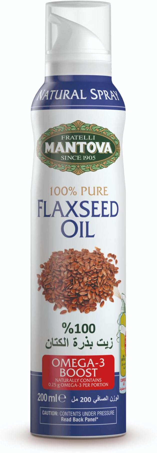 Mantova Organic Flaxeed Oil 200ml | Rich in Superfood, Omega-3 and Omega-6 | Gluten-free | Oil Spray Ideal for Cooking & Salads