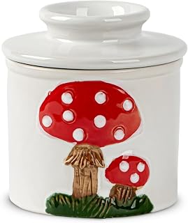 Mushroom Butter Crock For Counter With Water Line Ceramic French Butter Holder White French Butter Dish Butter Keeper Butter Jar Room Temperature Butter Storage Soft Butter