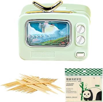 Mini TV-Shaped Toothpick Holder,Fun TV-Shaped Automatic Toothpick Box,Pop-Up Toothpick Dispenser with 100 Natural Wood Toothpicks,Easy To Install Green