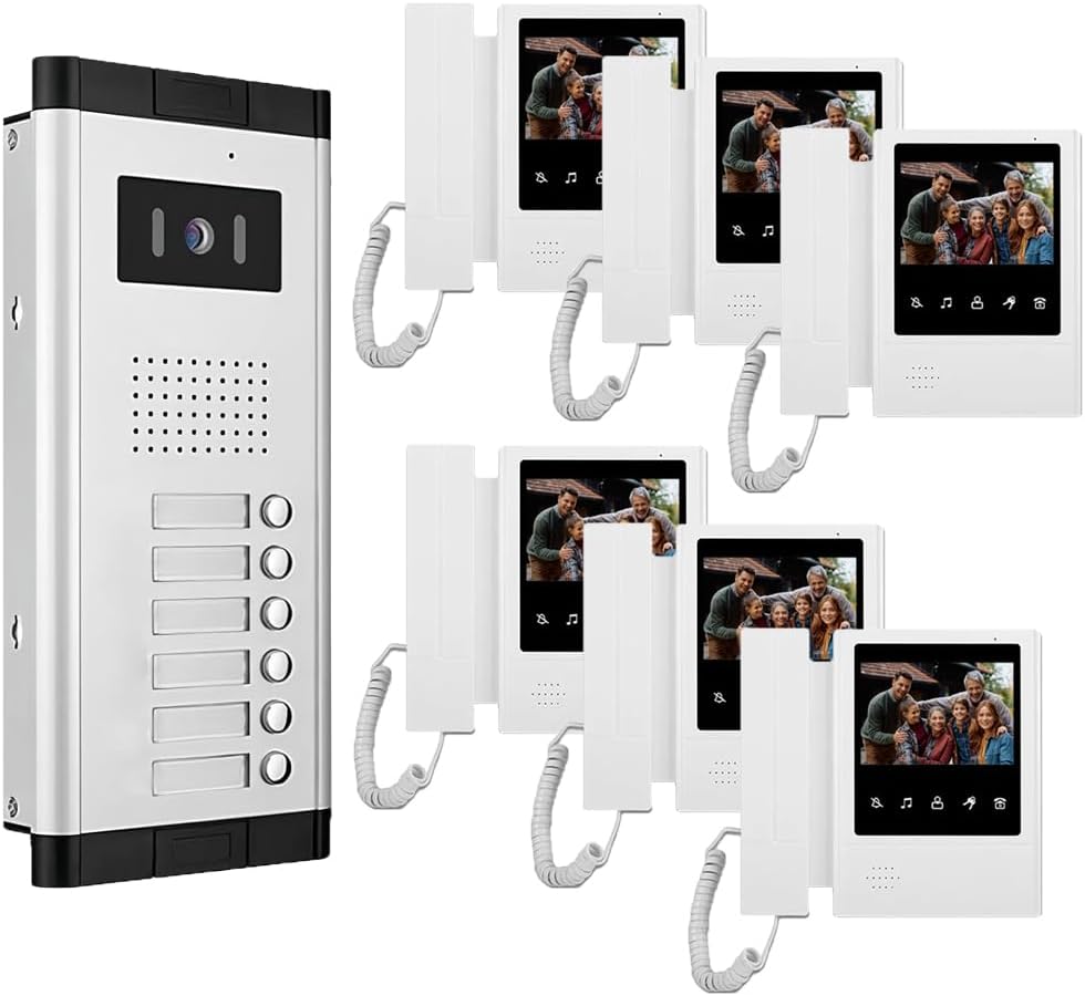Apartment Video Intercom System,2,3,4,5,6,8,10,12 Household Video Doorbell Kits,Video Doorbell Camera,Wired 4.3 Inches Monitor,2 Way Intercom,IR Outdoor Camera,Monitoring (1- Camera and 6-Screen)