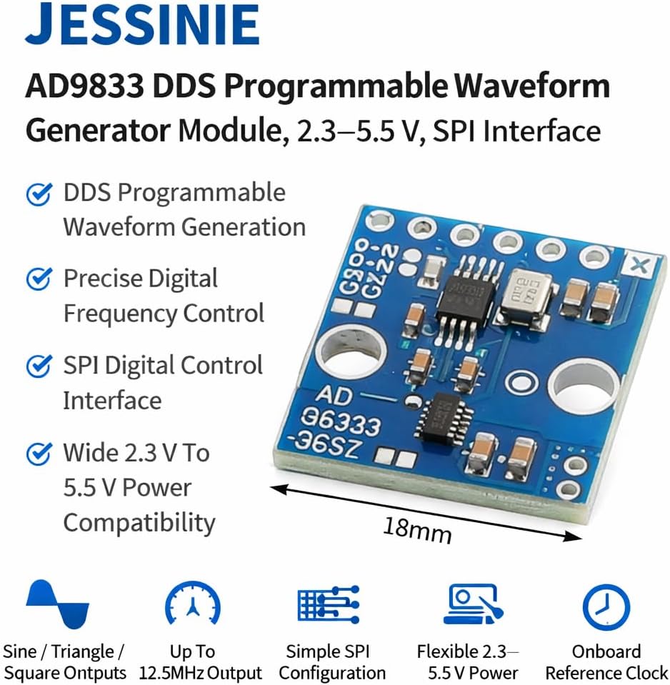 AD9833 DDS Programmable Waveform Generator Module, 2.3–5.5 V, SPI Interface