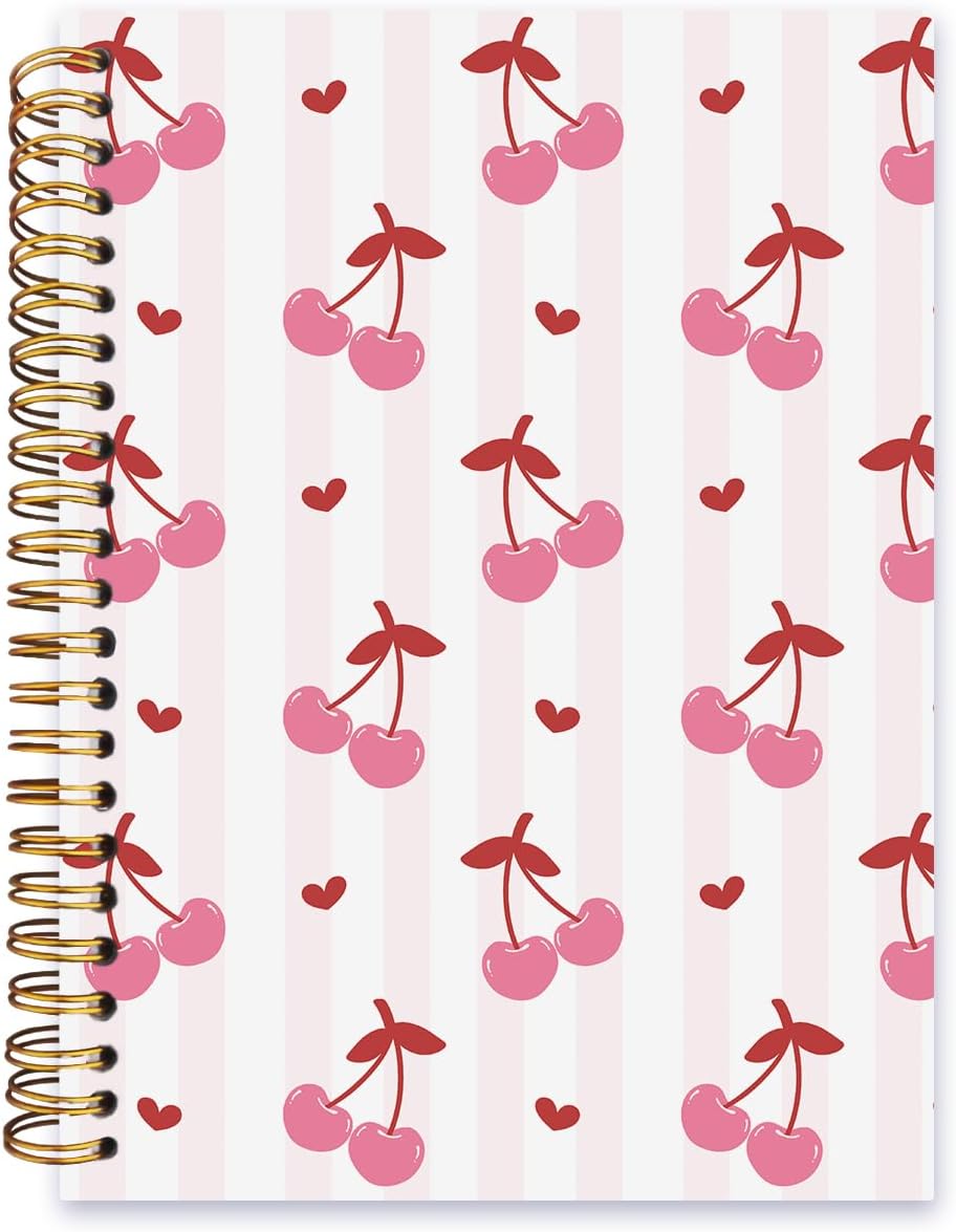 Pink Stripe Cherry Notebook,Preppy Lined Spiral Notebook Hardcover,College Ruled Notebook,Office School Journal Notebook for Work,5.5x8.3 Inch 80 Pages,Gifts for Women Teen Girl