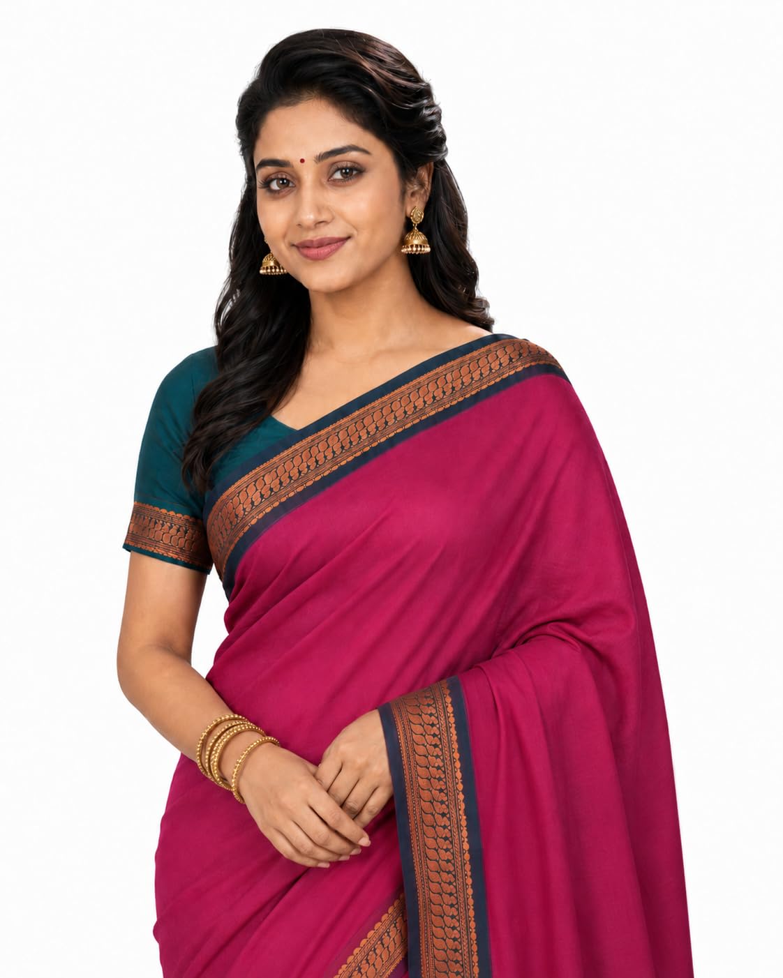 Rivantah Crimson Red Pure Cotton Saree with Deep Teal Copper Zari Border-picture-10