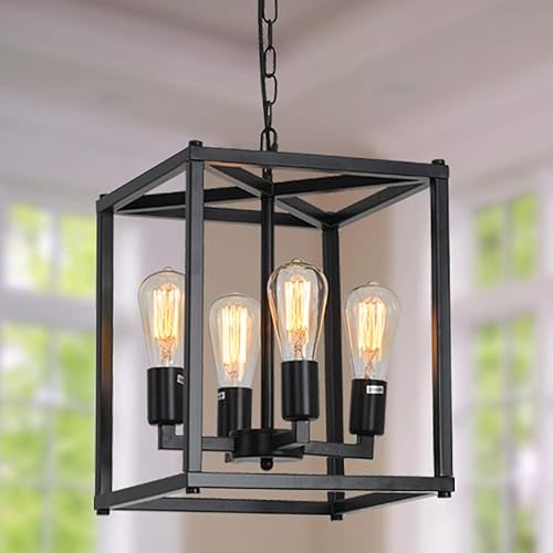 Lanhall Lámpara de araña rústica industrial de 4 luces, altura ajustable, jaula de metal, luces colgantes E26 para isla de cocina, comedor, sala de