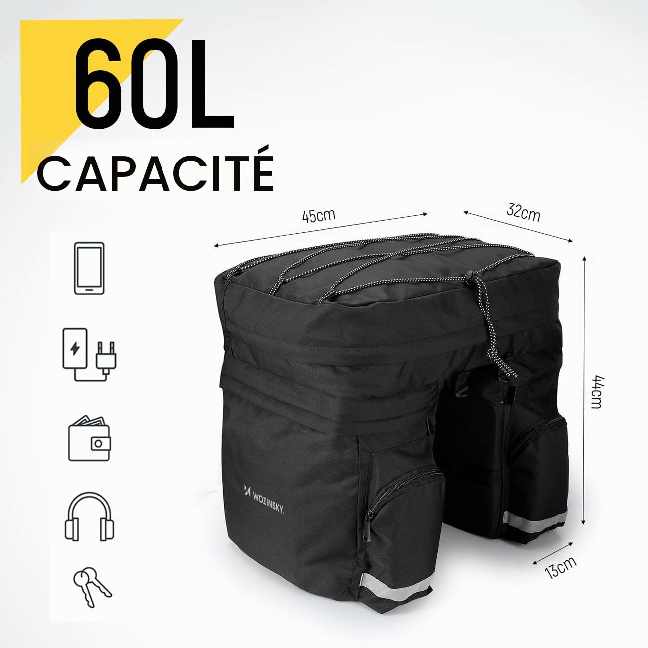 WOZINSKY Sacoche de vélo porte-bagages, Sac de voyage, étanche, Sac pour ebike, VTT, vélo de route, Bike Bag, Sac de vélo 60 L avec housse imperméable, Noir