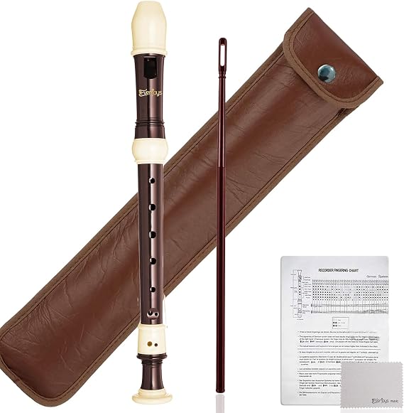 Soprano Recorder German Style C Key ABS 8 Hole Flute w/Leather Bag, Cleaning Rod and Fingering Chart for Beginners Students Adults