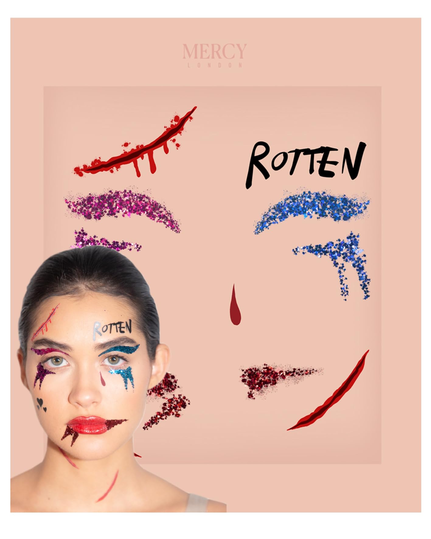 Harley Quinn Face Stickers by Mercy London Fancy Dress Costume Accessories Face Gems Jewels All in One Halloween Stick On Sticker