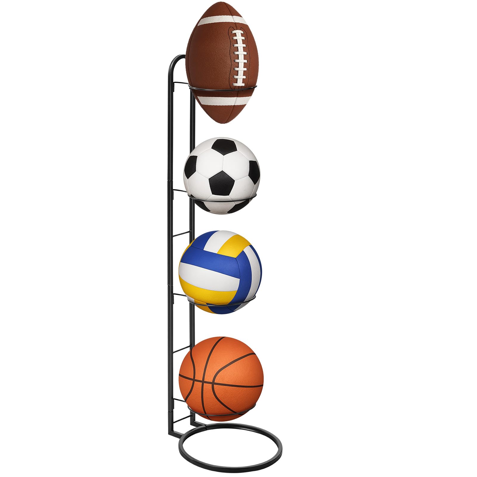 BLUE BAZAAR 4-Tier Ball Storage Rack – Metal Vertical Sports Equipment Organizer Stand for Football, Basketball, Volleyball, Soccer & Playground Balls (Black, 4 Tier)