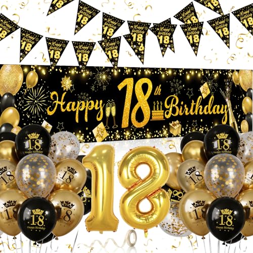 Decoração 18 anos menino menina ouro e preto, balões de 18 anos com faixa de bandeira triangular e decoração para fotos para festa 18 anos