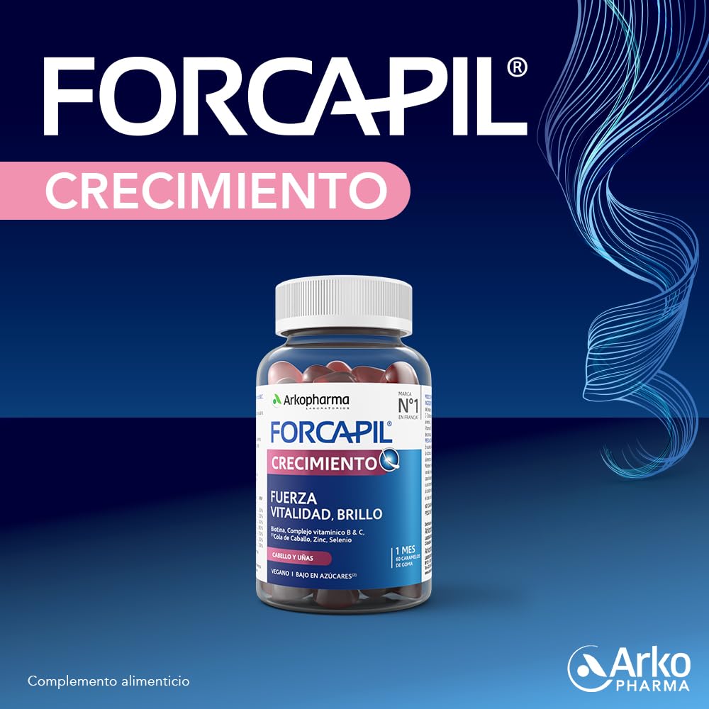 Arkopharma Forcapil Crecimiento, Pack Tratamiento de 3 meses, Sabor Frutos Rojos, Fuerza, Vitalidad y Brillo, Alta Concentración en Biotina, Vitamina B y C, Rojo, 60 Unidad (Paquete de 1)