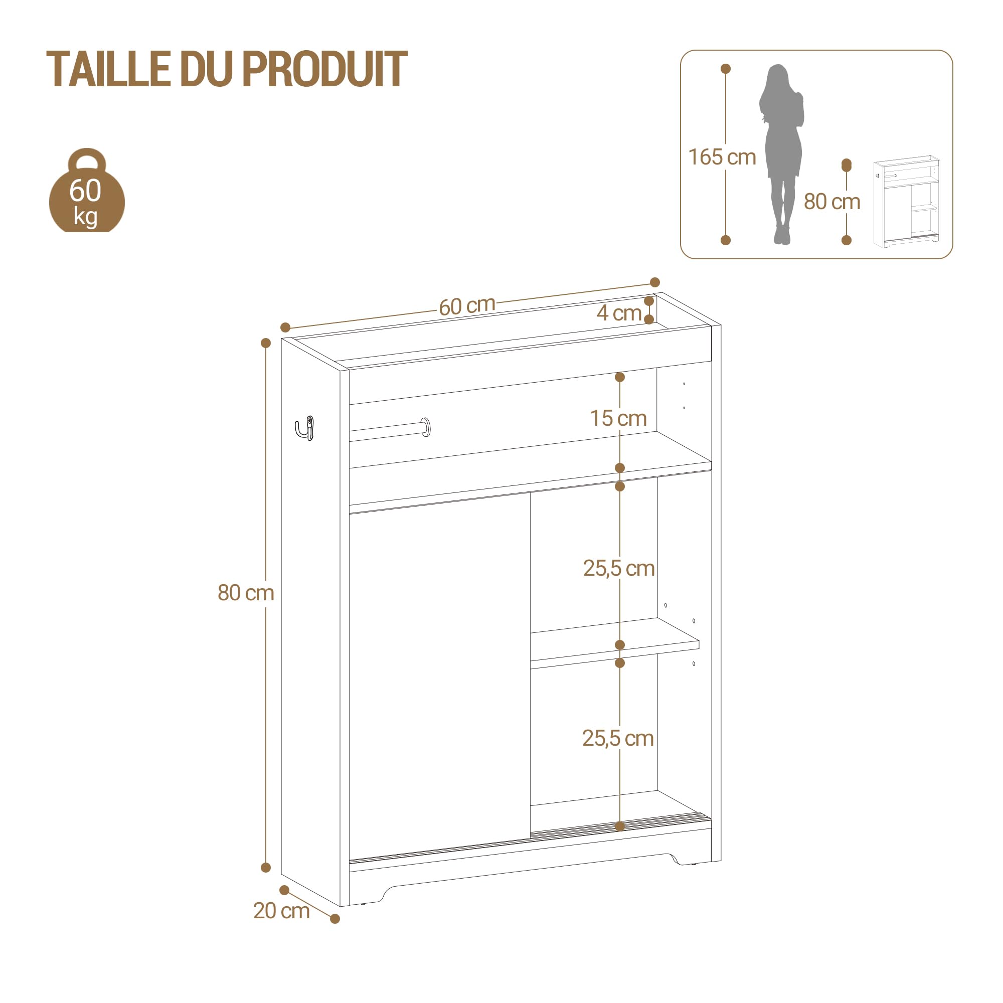 Hzuaneri Meuble de Salle de Bain, Meuble Toilette avec Rangement Papier Toilette et Crochets, Portes Coulissantes, Étagère Réglable, 20 x 60 x 80 cm, Blanc BC62813X