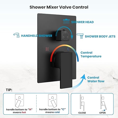 Miniatura 6 de gotonovo Juego de grifo de ducha mezclador de lluvia montado en el techo, cabezal de ducha cuadrado de 12 pulgadas con 4 chorros rociadores