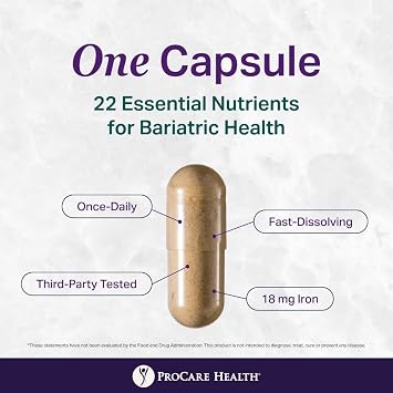 ProCare Health Bariatric Multivitamin with Iron 18mg (30 Easy to Swallow Capsules) - Post Op Bariatric Vitamins for Gastric Bypass Pills - Must Haves for Sleeve Patients (1 Month Supply)