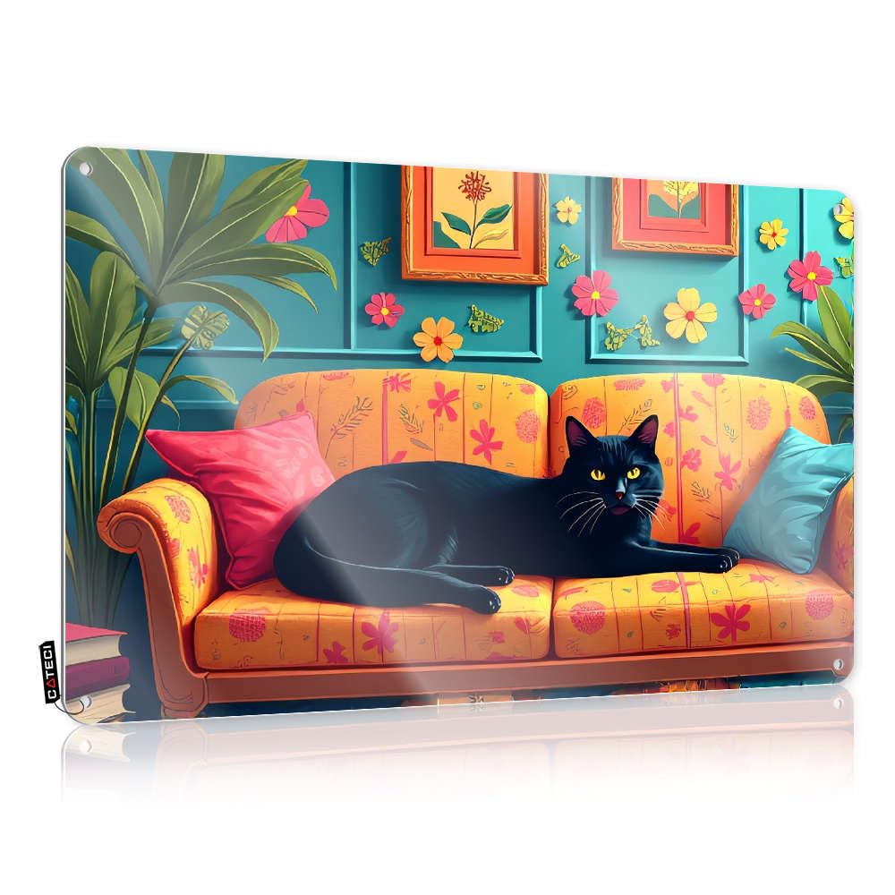 Metal Tin Sign Amusing Farmhouse Wall Decor Frutiger Aero Indoor Outdoor | Rules Floral-patterned Sofa With Black Cat Lounging. / Garage