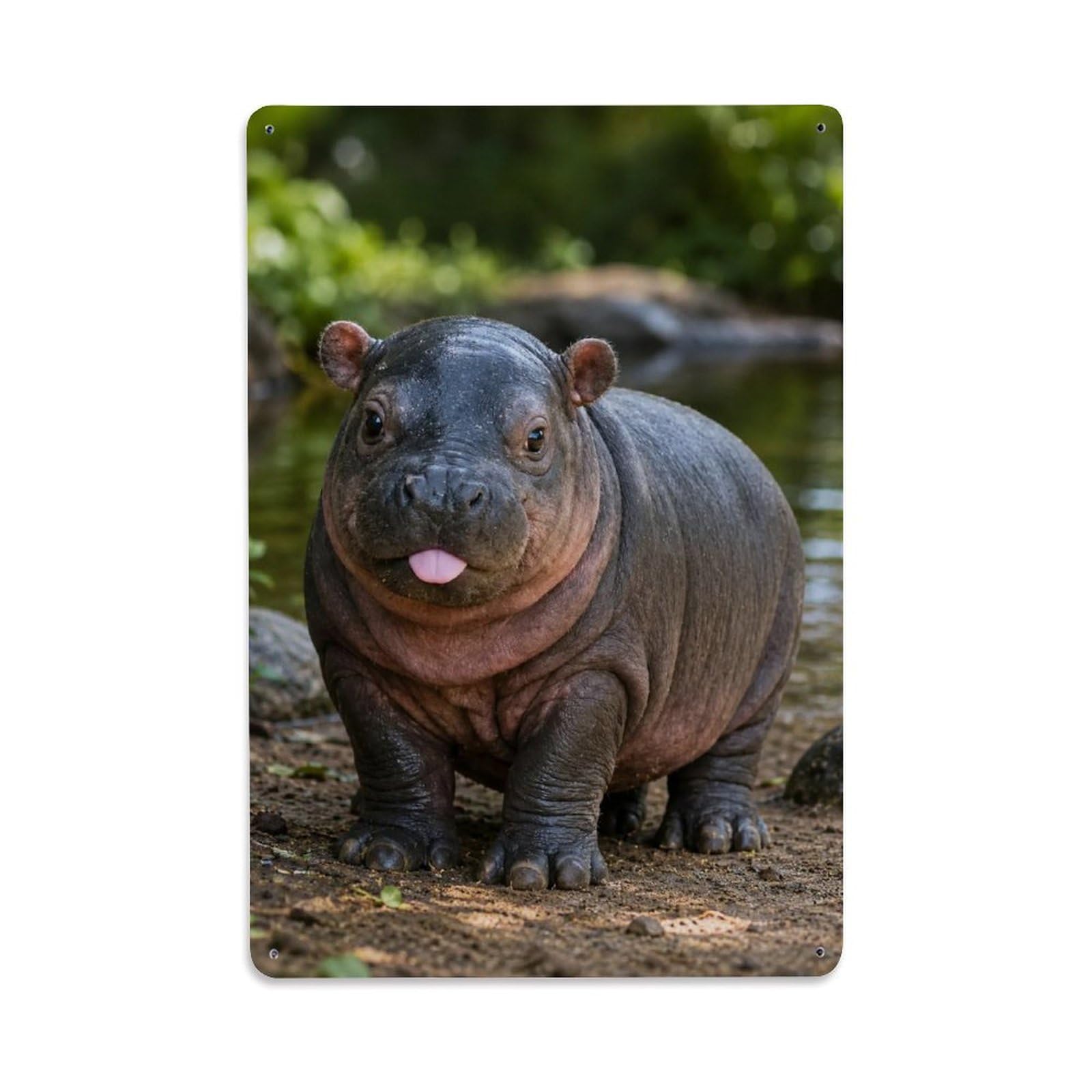 Cute Pet Wild Pygmy Hippo Animal Companion Wildlife Nature Metal Tin Sign Plaque Wall Decor for Cafe, Man Cave, Club Bar, Office, Home Garden Round Metal Poster 8x12Inch
