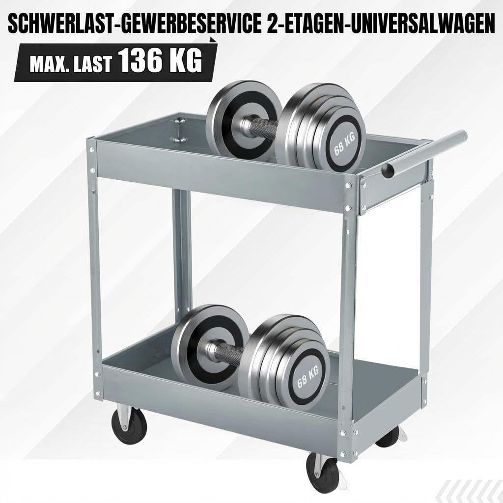 Werkzeugwagen Rollbar 2 Ebenen, Bis 150 kg Belastbar, Metall Werkstattwagen Mit Rollen, Schwerlast Servicewagen Mit Ablagen, Werkzeugwagen Für Garage, Werkstatt, Lager & KFZ-Reparatur, Grau