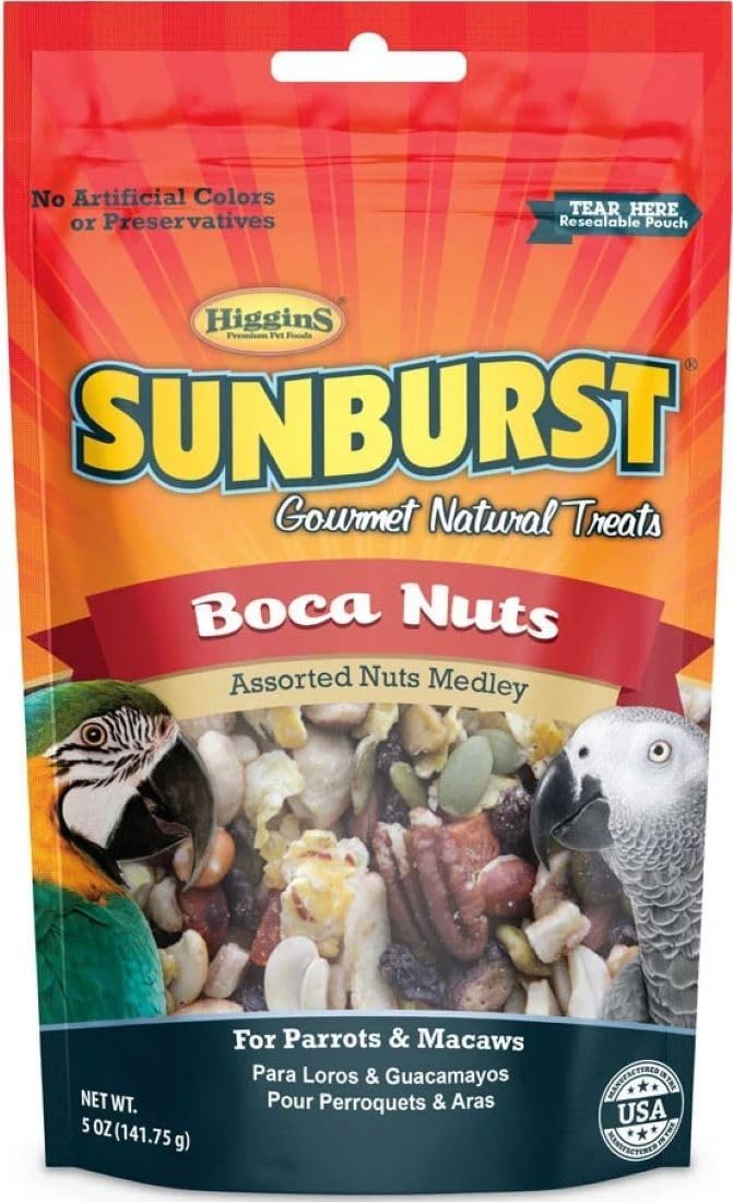 Higgins Sunburst Gourmet Parrot, Macaw Treat Bundle | Sunburst True Fruits 5oz & Boca Nuts 5oz. (2) Bags of Each Treat. Parrot, African Grey, Cockatoo, Macaw