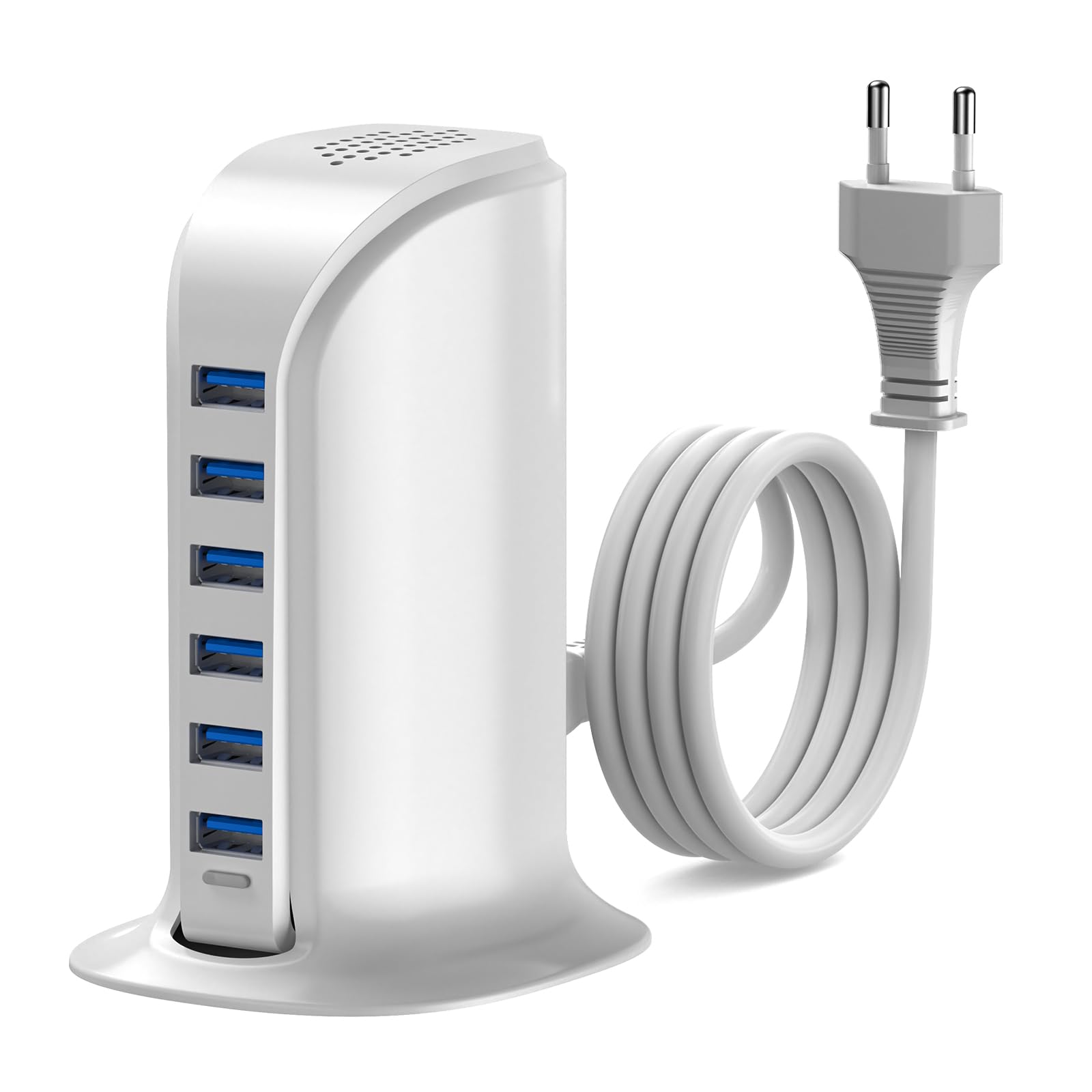 WUKUR Caricatore USB Multiplo,Stazione di Ricarica 6 Porte USB da Tavolo Caricabatterie da muro per cellulari per iPhone/iPad/Samsung/Huawei/HTC/LG/Nexus/Nokia/Motorola (25W Bianco)