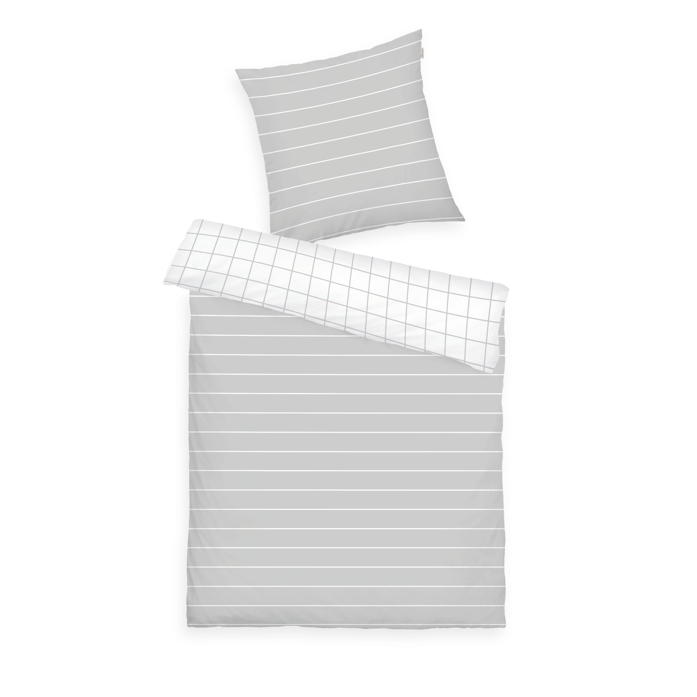 TOM TAILOR Renforcé Bed Linen, 80 x 80 cm + 135 x 200 cm, 100% Cotton/Renforcé, with Reversible Motif and Coloured Brand Zip, Check & Stripes Grey, White (Light Grey & Crisp White)