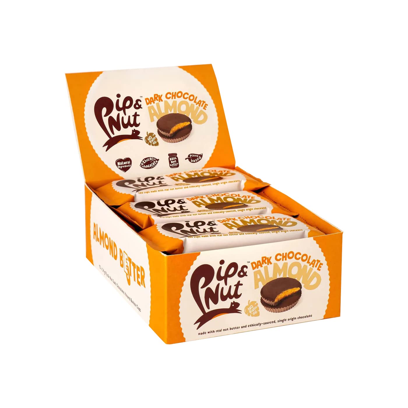 Pip & Nut - Dark Chocolate Almond Butter Cups (15 Pack - 2 Cups per Pack) | Single Origin Chocolate, Real Almond Butter, Natural Nut Butter, No Palm Oil, Vegan, Gluten Free, High in Fibre