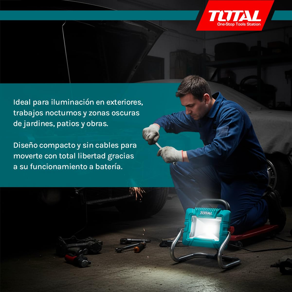 Total - Foco LED a Batería 20V - Iluminación Potente y Regulable para Exteriores, Jardines, Obras y Campamentos - Incluye Batería de 2Ah y Cargador - 900-1800 Lúmenes - Medidas: 63 x 23 x 3 cm