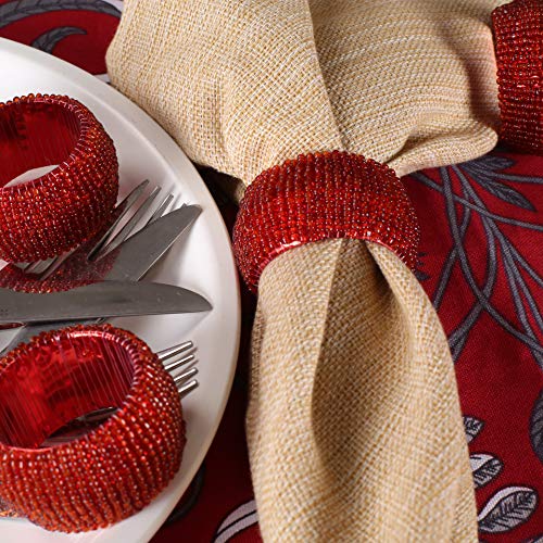 Handmade Round Beaded Napkin Rings For Dinning Table Parties Everyday,Wedding Shower, Baby Shower, Birthday Party,New Years, Thanksgiving, And Family Gathering Napkin Ring, Set Of 12 -Red #TOP4
