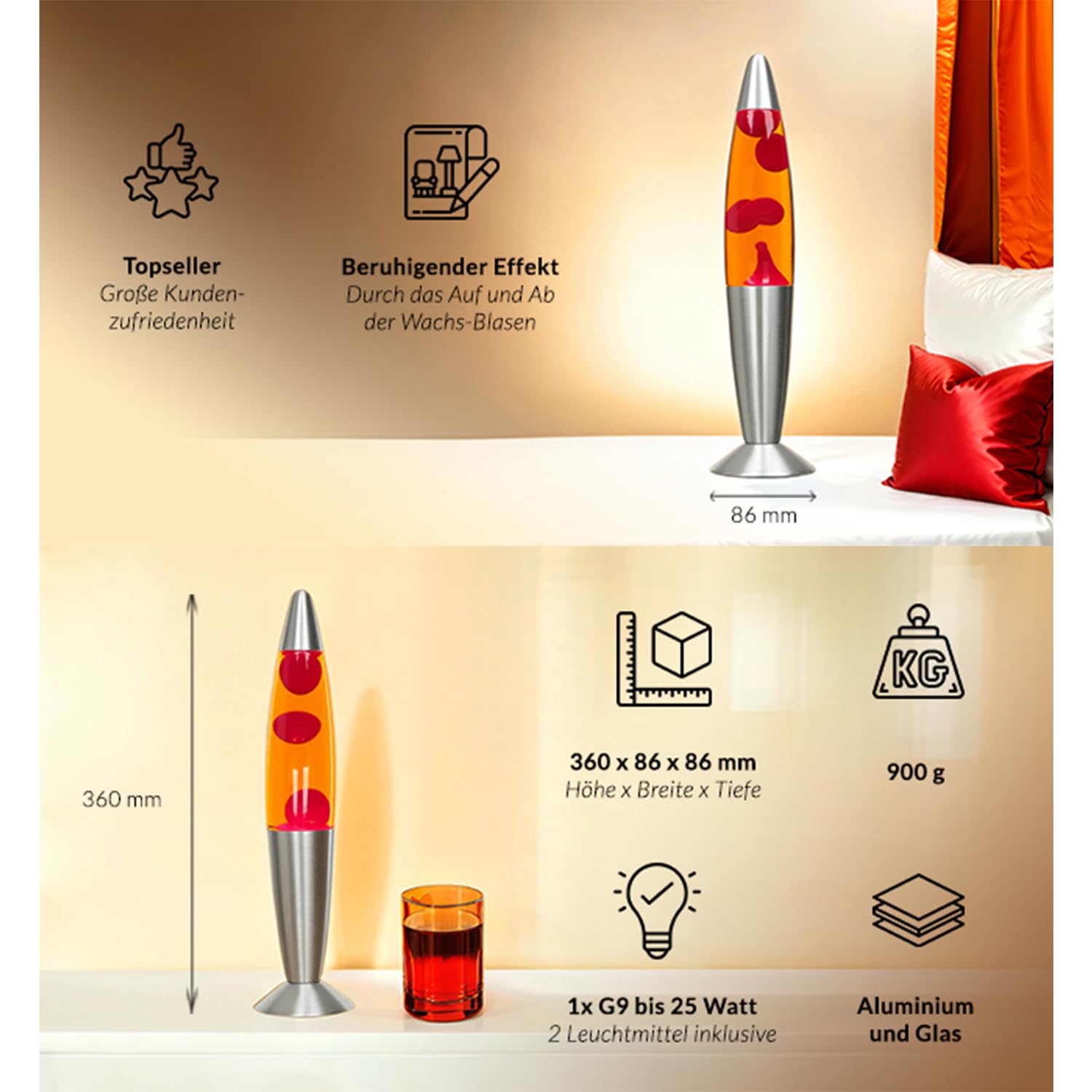 Moderne Lavalampe Orange Rot, klein, 36 cm, G9 25 W mit Kabelschalter, inklusive Leuchtmittel, Geschenkidee Weihnachten, Warm, Aktiv, Retro Lampe