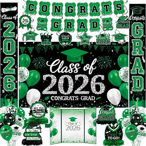 Graduation Decorations Class of 2026 Green Graduation Decorations Set Banner & Backdrop Porch Sign Hanging Swirls Balloons Honeycomb Centerpieces Graduation Guest Book for Congrats Grad Party