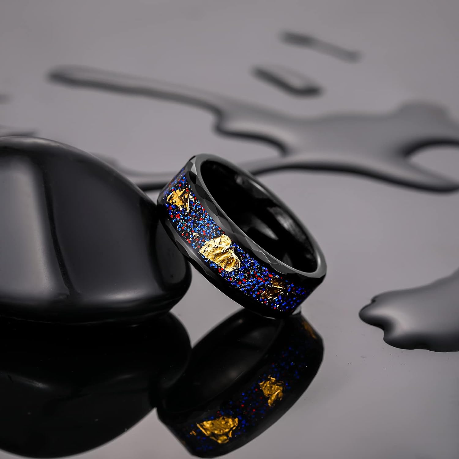 TRUMIUM Mens Wedding Rings 8mm Galaxy Opal and Meteorite Inlay Black Tungsten Carbide Ring Engagement Band Beveled Edges Comfort Fit Size 6-13 - Image 2