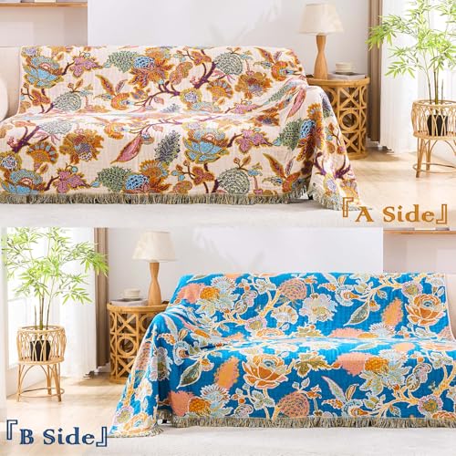 Image of XIBLC Boho Throw Blanket for Bed, 100% Cotton Soft Rustic Quilt Fall Blanket, 50 inchx60 inch Floral Printed Farmhouse Decor Bed Blankets, All Season Rustic Reversible Bohemian Throw Quilt