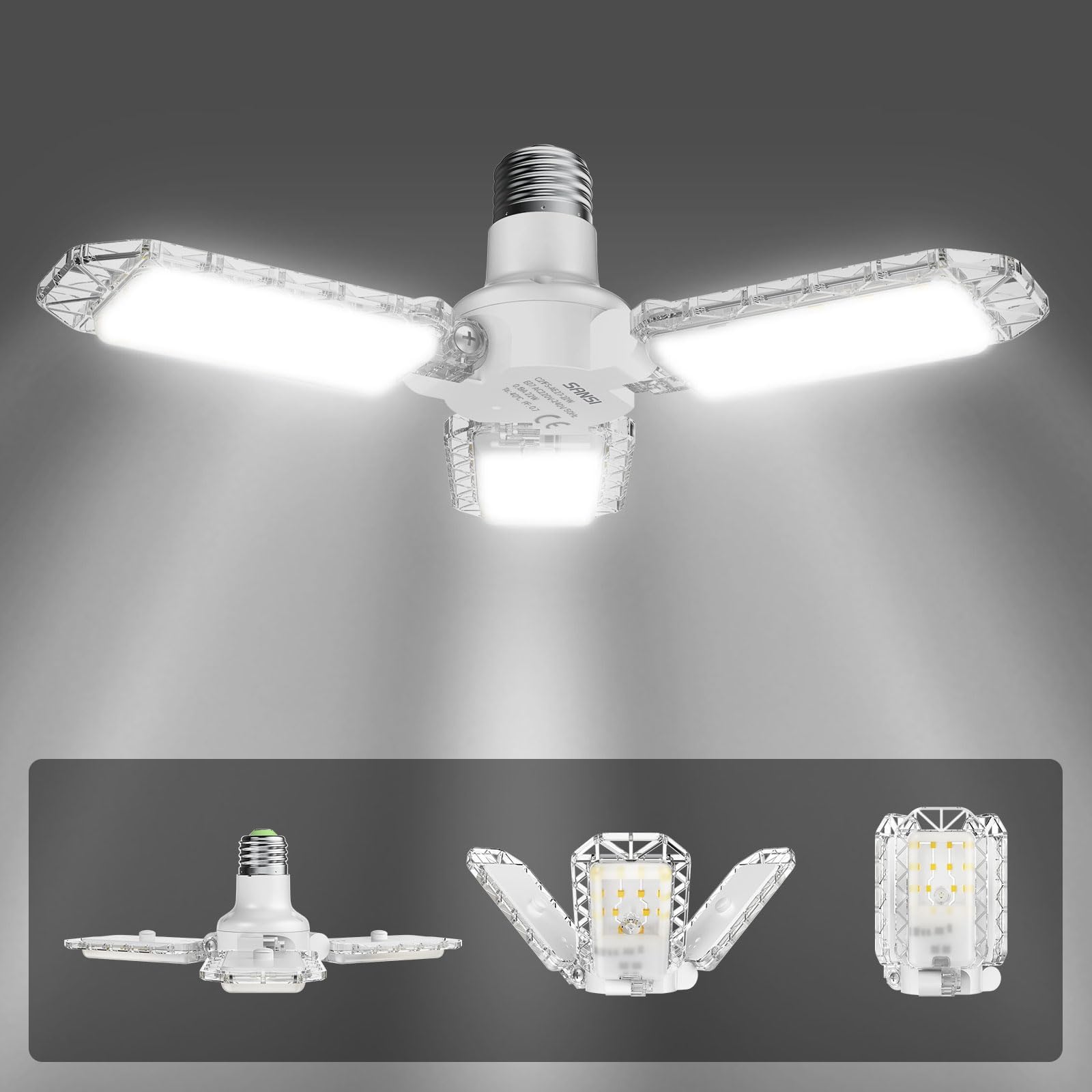 E27 LED Garage Light 22W, Super Bright 2700 Lumens 5000K Daylight LED Ceiling Light with 3 Adjustable Panels, Screw in E27 Bulb Socket for Workshop Storage Room Basement - 8 * 8 * 10.8cm, White