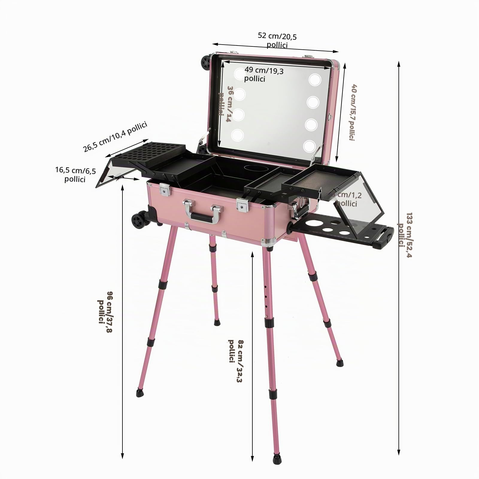 Rolling Makeup Train Case, valigetta per cosmetici in alluminio con luci da specchio, grande trolley per trucchi, organizer per unghie, Colore: rosa., Trolley valigetta cosmetica