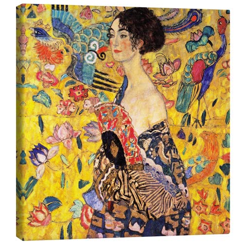 Posterlounge La dame à l'éventail Tableau sur toile de Gustav Klimt Tableaux pour toutes les pièces 40 x 40 cm Orange Art nouveau Décoration murale