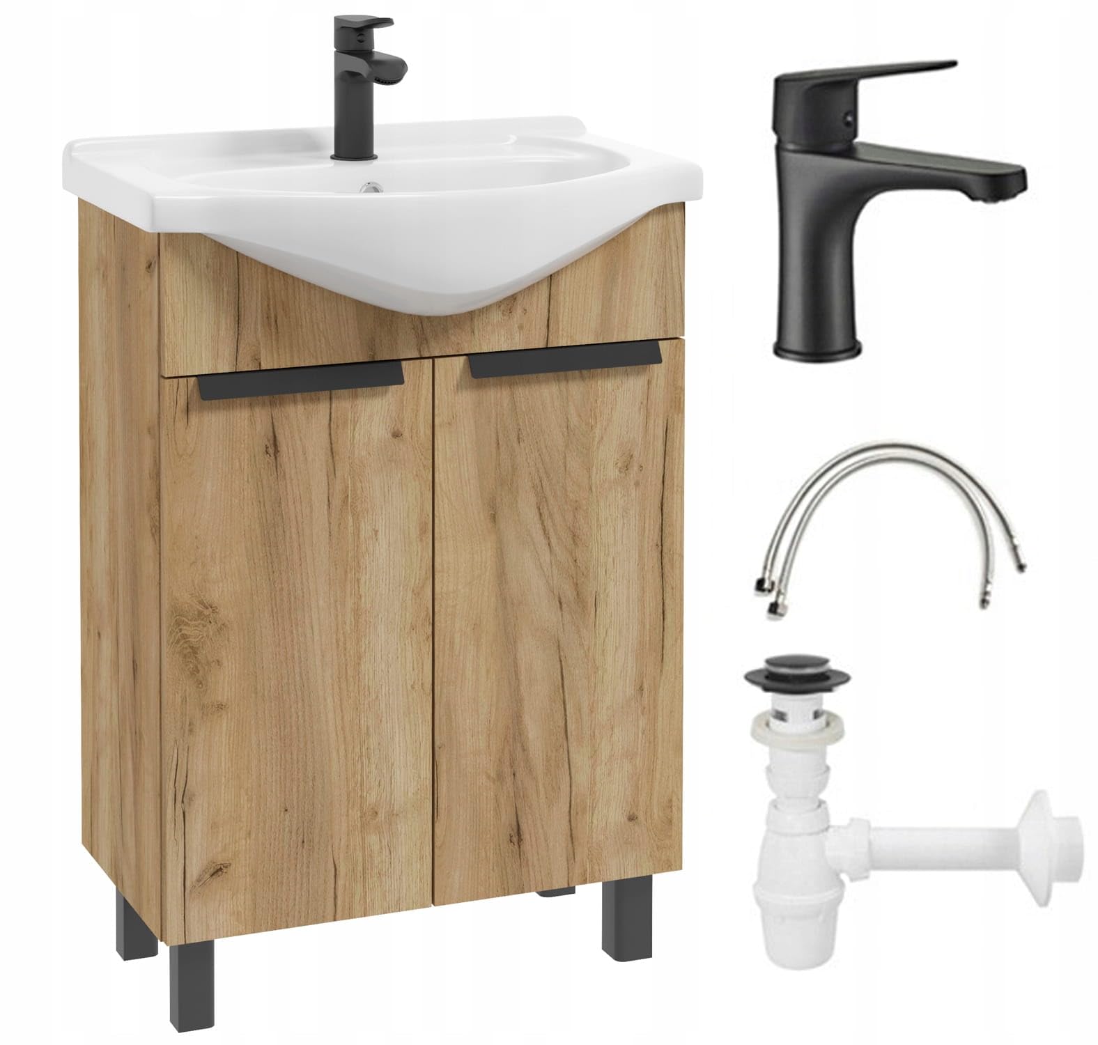 .Deftrans waschbecken mit unterschrank 60 x 85 x 43,5 cm -waschtisch mit unterschrank und Waschtischarmatur, gäste wc waschbecken mit unterschrank 60 cm Holz, schwarz Armatur, klick-Klack, Siphon Set
