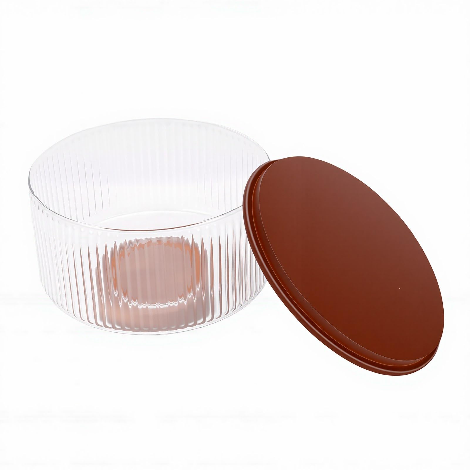 banapoy Ensaladera de Vidrio, Diseño Acanalado de Vidrio Transparente de 7.9 X 5.5 X 4.9 Pulgadas, Cuencos para Servir Ensaladas, Plato para Mezclar con Base de Madera y Tapa para Cocina, Postre,