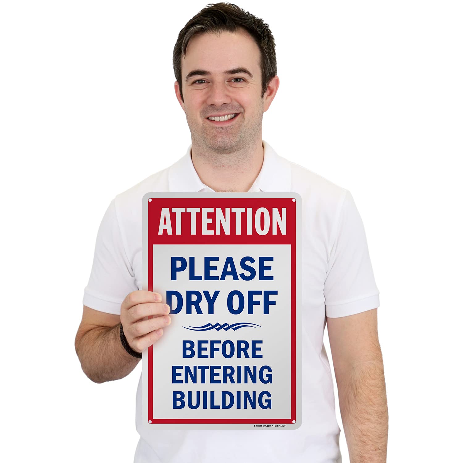 SmartSign 15 x 10 inch “Attention - Please Dry Off Before Entering Building” Pool Sign, Digitally Printed, 55 mil HDPE Plastic, Red, Blue and White
