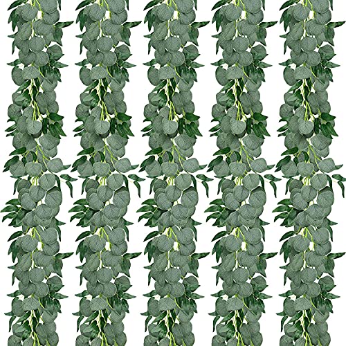 CEWOR 5 Pack 5.9ft Artificial Eucalyptus Garland with Willow Leaves Greenery Garland Faux Silver Dollar Garland for Wedding Centerpiece Party Table Decor Indoor Outdoor Decoration