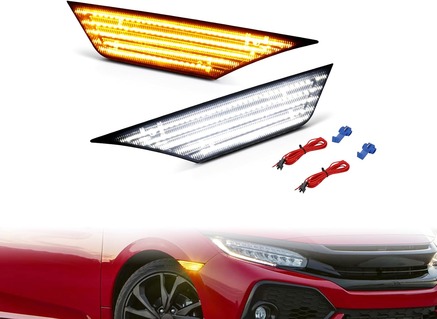 LED Side Marker Lights Assembly Fit for Honda Civic 2016-2021 10th Gen Sedan Coupe Hatchback 2 PCS Amber Turn Signal White Position Lamp Clear Lens Side Bumper Marker Lamps OEM#H02551127N