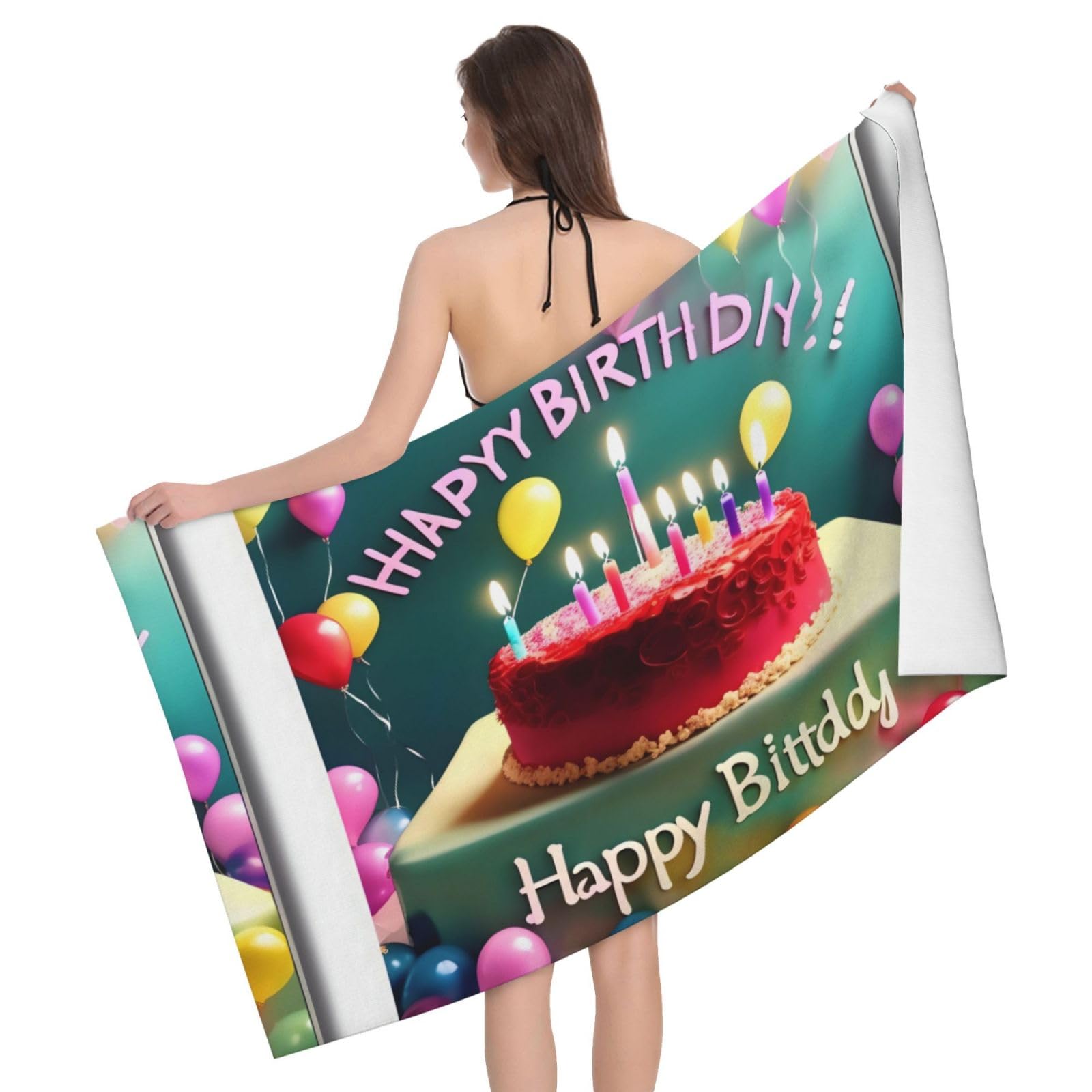 Toalla de baño con texto en inglés "Happy Birthday". Toalla de baño estampada, para mujer, microfibra de secado rápido, 100% poliéster, toalla de viaje, playa y piscina.