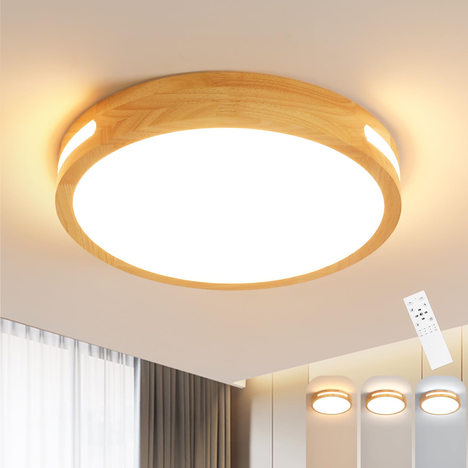 Riserva Lámpara de Techo LED Madera 64W, Regulable, 3000K-6500K, 40cm | Plafon LED Techo Redondo con Mando para Dormitorio, Salón, Cocina, Comedor, Balcón, Pasillo
