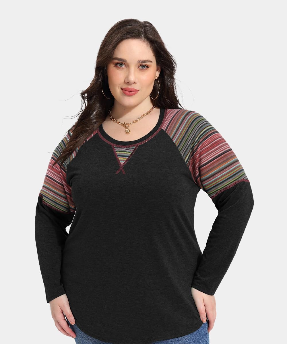 TIYOMI Plus Size T Shirt Tunic Tee Long Sleeved t Shirt Round Neck Raglan Color Block Tshirt Colorful Fall Autumn Winter Tee - Image 2