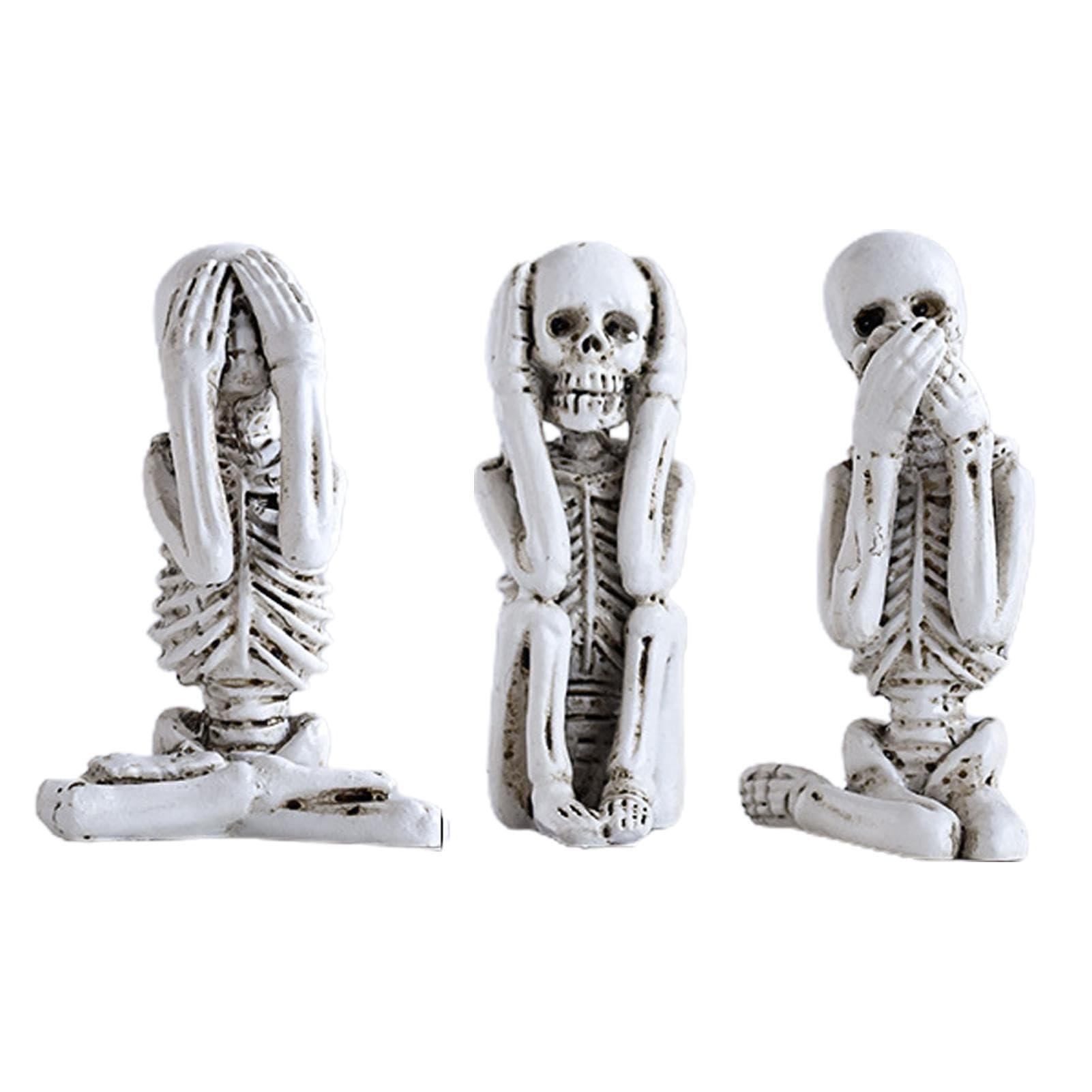 Monozoz Statua di scheletro, decorazione di Halloween con teschio | Speak and Hear No Evil Shelf Sitters statuetta | 3 pezzi realistico scheletro umano artificiale, vedere Speak Hear NO Evil