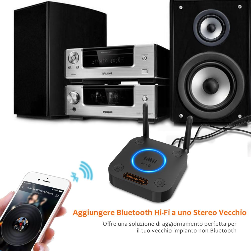 1Mii Ricevitore Bluetooth 5.3 HiFi, Adattatore Audio aptX Bassa Latenza Uscita Ottica Coassiale AUX RCA per Amplificatore