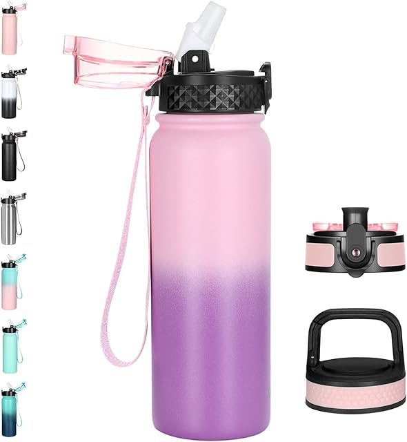 GOPPUS 600ml/20oz Stainless Steel Water Bottle with Straw Insulated Sports Bottle Cold Flask with Straw Double Walled Flip up Metal Water Bottles Leakproof Water Bottle for Gym Sports