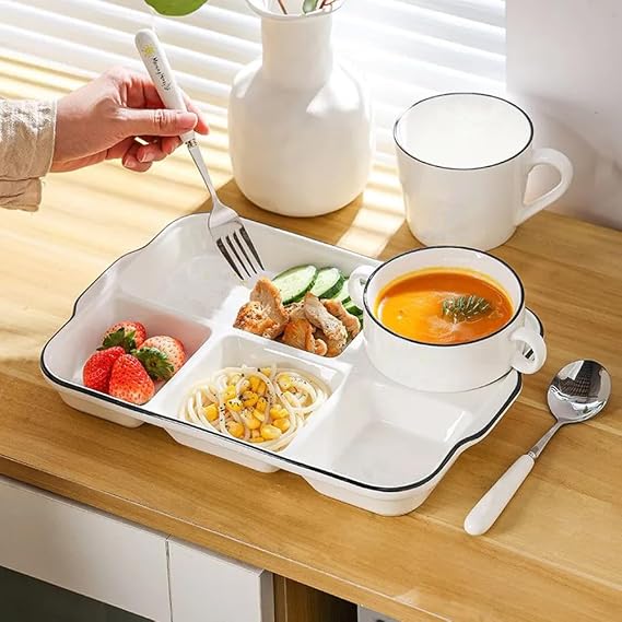 Divided Porcelain Sectional Plate, Portion Control for Adults Ceramic, Compartment Dinner Plate Perfect for Balanced Diet