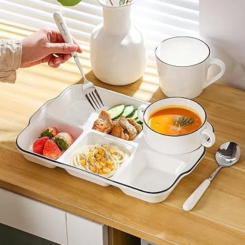 Divided Porcelain Sectional Plate, Portion Control for Adults Ceramic, Compartment Dinner Plate Perfect for Balanced Diet