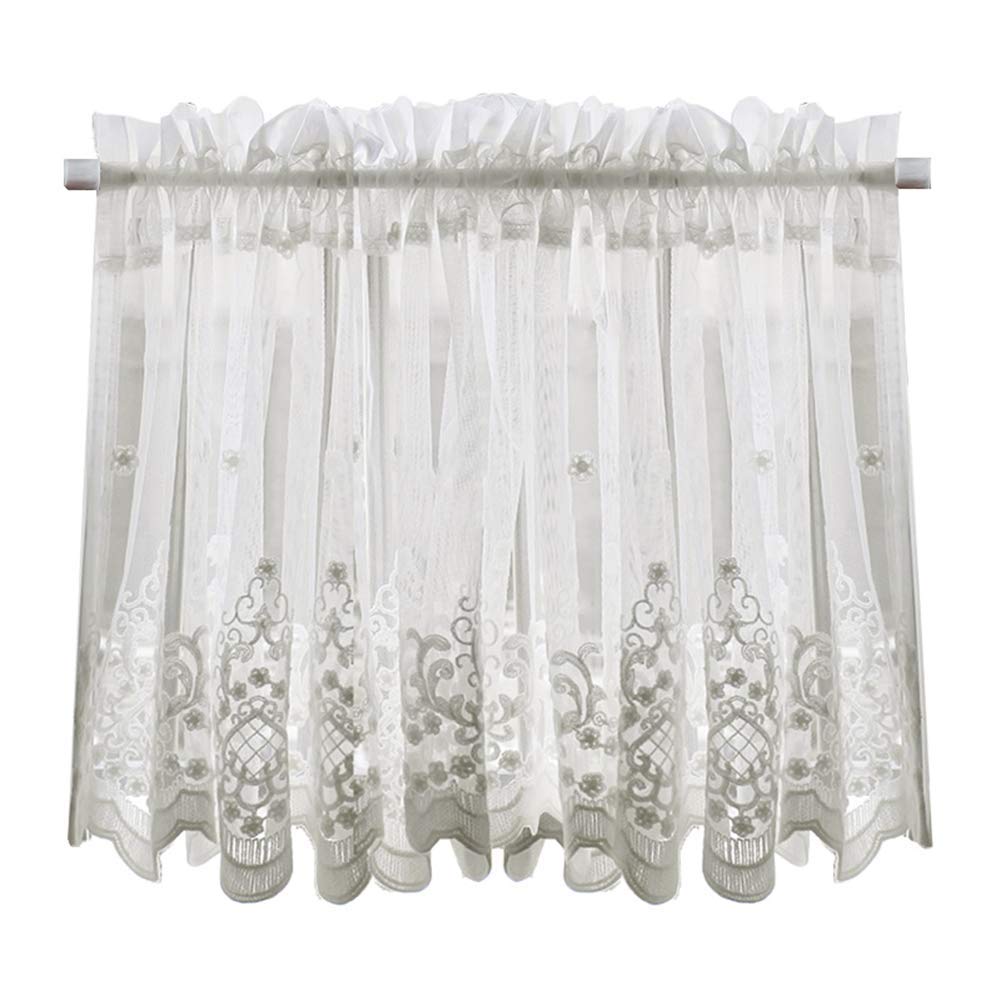 Cortina corta blanca de encaje con bordado pastoral para cocina o baño